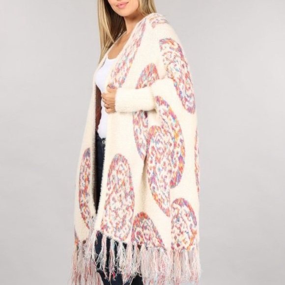 511. COST🛑!FUZZY OVERSIZE fringe Aztec Poncho cardigan sweater multicolor cream - Picture 1 of 2